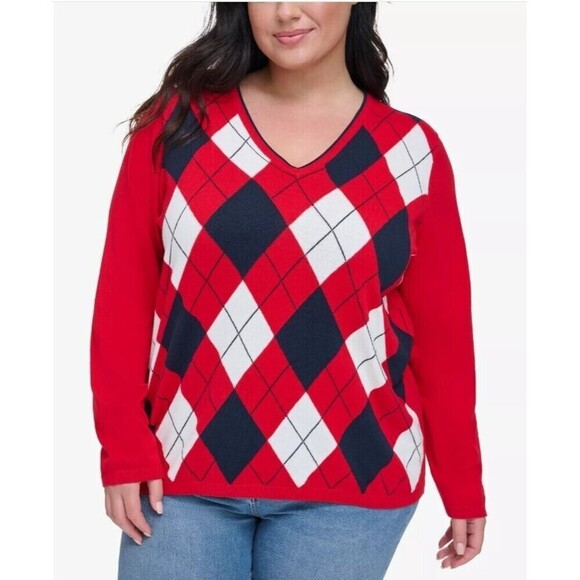 Tommy Hilfiger Women's Plus Size Sweater Ivy 100% Cotton Argyle red Scarlet 1X - Picture 1 of 5